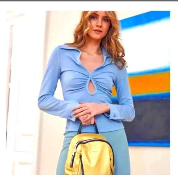 Brand: Zara, size: L, stretch blouse, shiny blue color. - Picture 1 of 9